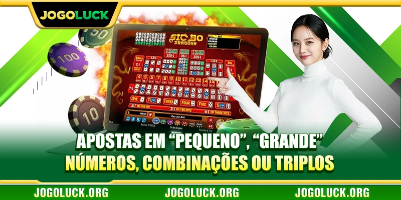 Apostas em “Pequeno”, “Grande”, números, combinações ou triplos